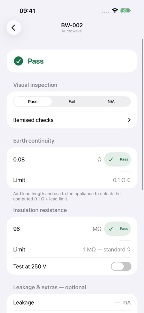 PAT Logbook test screen showing visual checks, readings and a pass result
